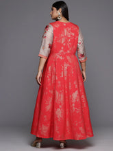 Red and Tan Floral Printed Plus Size A-Line Maxi Dress-AP-AHEDCRFP-213